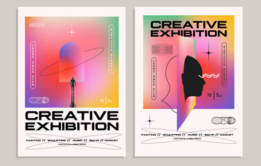 Creative exhibition flyer or poster concepts with abstract geometric shapes and human silhouettes on bright gradient background. Vector illustration - obrazy, fototapety, plakaty