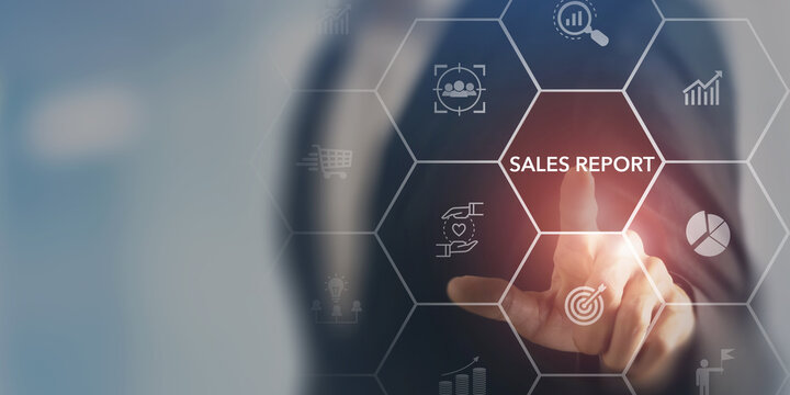 Sales report concept. Data analytics for driving agile decision making, improving process, adjusting the sales strategy. Sales volume, leads, new accounts, revenue, costs. Sales performance indicator.