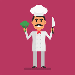 Chef holding broccoli and knife and smiling. Flat people. Vector Illustration