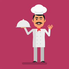 Chef holding tray and showing gesture ok. Flat people. Vector Illustration