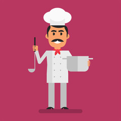 Chef holding pot and ladle and smiling. Flat people. Vector Illustration