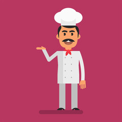 Chef points with his hand to and smiling. Flat people. Vector Illustration