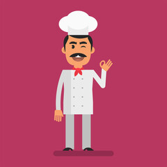 Chef stands and shows gesture ok. Flat people. Vector Illustration