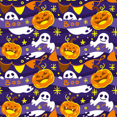 Halloween, pumpkin and ghost. Cute print for kids. Seamless pattern for fabric, wrapping, textile, wallpaper, clothes. Vector.