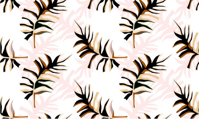 Seamless pattern of white flowers and leaves on black background.