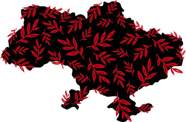 A beautiful plant illustration of the map of Ukraine. Linocut black and red print map of Ukraine.