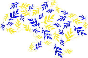 Plant illustration of the map of Ukraine. Linocut blue-yellow print map of Ukraine.