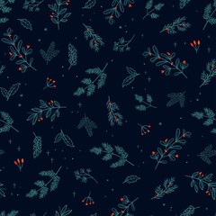 Cute hand drawn seamless pattern with fir branches and hanging decoration, great for christmas banners, wallpapers, wrapping, textiles - vector design