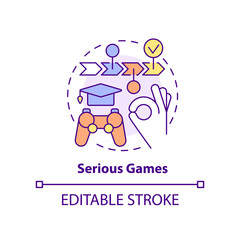 Serious games concept icon. Microlearning way abstract idea thin line illustration. Immersive experience. Simulations. Isolated outline drawing. Editable stroke. Arial, Myriad Pro-Bold fonts used