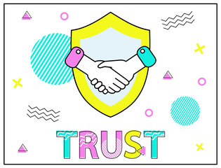 Trust icon vector. Handshake sign with shield. Partnership and agreement symbol. Trust for protection. Handclasp of human hands. Teamwork concept and business meeting, friendship, confidential contact