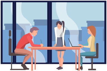 Business man and woman working together in office. People brainstorming around table. Teamwork in coworking space, cooperation, business meeting concept. Colleagues discussing, talking at workplace