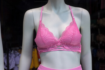 Closeup of pink bra on mannequin in a fashion store for women showroom