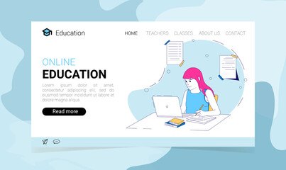 Fototapeta na wymiar Online education landing page with a girl studying with computer. Vector illustration in flat style. The concept of online education illustration. 