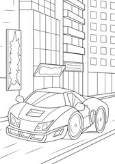 Sports car in the metropolis. Funny coloring book for boys. Vector illustration