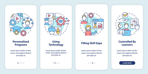 Microlearning practices onboarding mobile app screen. Using technology walkthrough 4 steps editable graphic instructions with linear concepts. UI, UX, GUI template. Myriad Pro-Bold, Regular fonts used