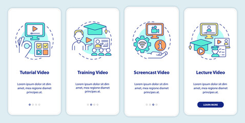 Microlearning video types onboarding mobile app screen. Tutorial walkthrough 4 steps editable graphic instructions with linear concepts. UI, UX, GUI template. Myriad Pro-Bold, Regular fonts used