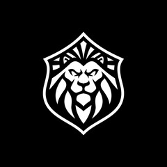 Lion shield line art or silhouette emblem logo design. Lion head and shield vector illustration on dark background	