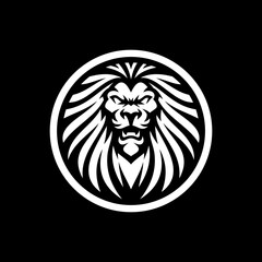 Lion head line art or silhouette in a circle logo design. Lion head emblem vector illustration on dark background