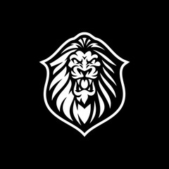 Lion shield line art or silhouette emblem logo design. Lion head and shield vector illustration on dark background	