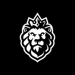 Lion king line art or silhouette logo design. Lion head with crown vector illustration on dark background	
