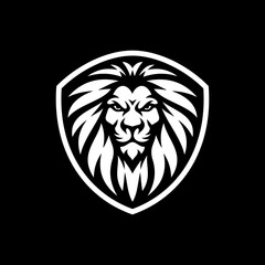 Lion shield line art or silhouette emblem logo design. Lion head and shield vector illustration on dark background	