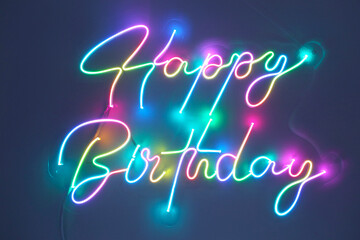 Colorful neon happy birthday. Trendy style. Happy Birthday  background. Neon sign. Custom neon....
