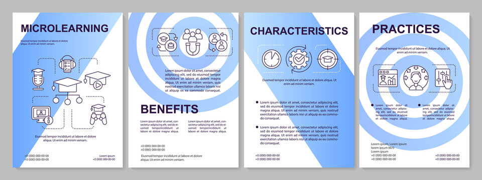 Micro learning blue gradient brochure template. Benefits and practices. Leaflet design with linear icons. 4 vector layouts for presentation, annual reports. Arial, Myriad Pro-Regular fonts used