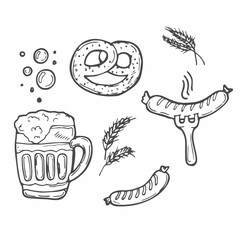 Oktoberfest beer festival traditional symbols in doodle style. Collection of hand drawn design elements and lettering for party flyer, invitation, greeting card, banner, poster templates.