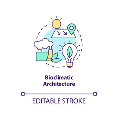 Bioclimatic architecture concept icon. Local climate. Net zero design approach abstract idea thin line illustration. Isolated outline drawing. Editable stroke. Arial, Myriad Pro-Bold fonts used
