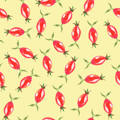 Rosehip gouache watercolor seamless pattern. Template for decorating designs and illustrations.