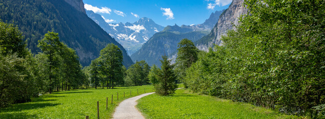 Lauterbrunnen valley with gorgeous waterfall and Swiss Alps, Bern-Switzerland