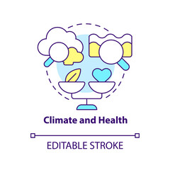 Climate and health concept icon. Pollution impact on wellbeing. Global net zero goal abstract idea thin line illustration. Isolated outline drawing. Editable stroke. Arial, Myriad Pro-Bold fonts used