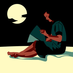 Reading under the moonlight, the girl who reads in the moonlight on the beach.