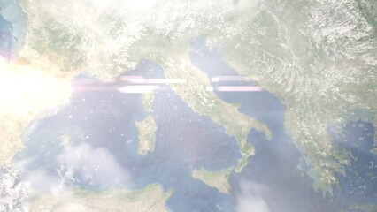 Earth zoom in from outer space to city. Zooming on Fiumicino, Rome, Italy. The animation continues by zoom out through clouds and atmosphere into space. Images from NASA