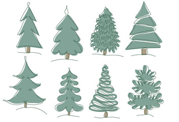 Christmas trees one line art illustration. Set of christmas vector decorations