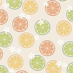 Retro pattern with fruits. Citrus texture. Orange, lime, lemon. Summer. 90s 80s 70s groovy posters. Modern trendy vintage print. Set of seamless patterns, compozitions, colored background. Vector