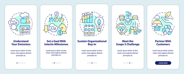 Change to net zero onboarding mobile app screen. Reduce emissions walkthrough 5 steps editable graphic instructions with linear concepts. UI, UX, GUI template. Myriad Pro-Bold, Regular fonts used