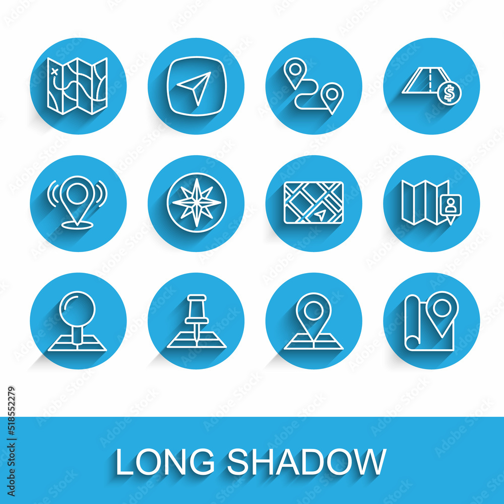 Poster set line folded map with location marker, wind rose, and gps device icon. vector