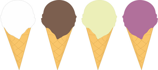 Ice cream vector illustration. Ice cream in a waffle cone. White. Chocolate. Pistachio. Fruit.