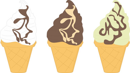 Ice cream vector illustration. Ice cream in a waffle cup. White. Chocolate. Pistachio.