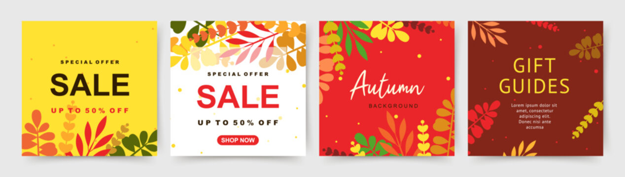 Autumn square backgrounds with simple leaves. Season sale social media post. Vector illustration for mobile apps, banner design, card, invitation, poster and web ads