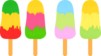Summer dessert. Frozen juice, fruit ice. Frozen summer dessert. Ice on a wooden stick. Refreshing vector illustration