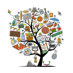 Picnic day. Concept tree for your design. Outdoor relax elements - basket, drinks, food, game, sport. Vector illustration