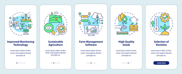 Increasing agribusiness productivity onboarding mobile app screen. Walkthrough 5 steps editable graphic instructions with linear concepts. UI, UX, GUI template. Myriad Pro-Bold, Regular fonts used