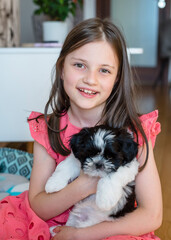 Portrait of a girl with a puppy. A 7-year-old girl plays with a Shih Tzu puppy