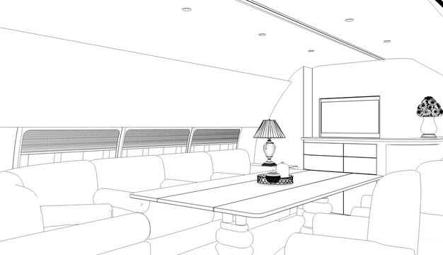 3D illustration VIP cabin of a business class aircraft, contour visualization, sketch, outline