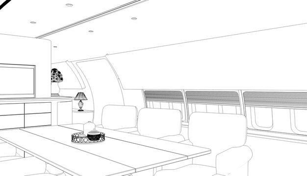 3D illustration VIP cabin of a business class aircraft, contour visualization, sketch, outline