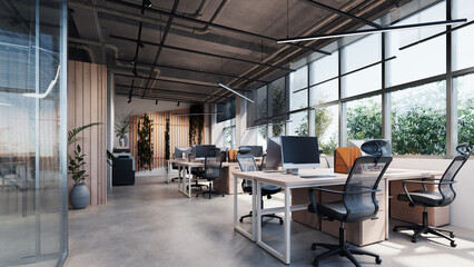 modern office interior with exposed concrete floor, 3d rendering