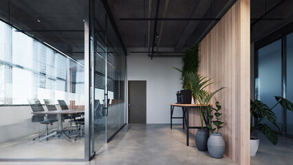 modern office meeting room interior with exposed concrete floor, 3d rendering