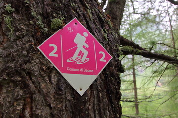 Pink sign for snowshoe track in the mountains, Baceno, Lepontine Alps, Ossola, Piedmont, Italy